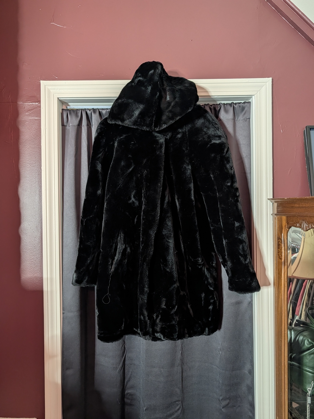 dennis basso Vintage Black Fur Style Made In USA Hooded Zip-up Coat L